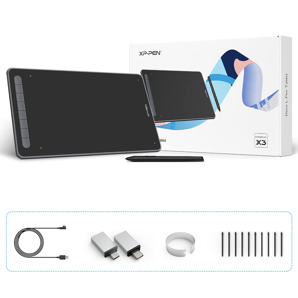 XP-PEN Deco L Graphics Tablet 10"x6" Drawing Tablet with X3 Smart Chip 60° Tilt with Battery-Free Stylus (Black)