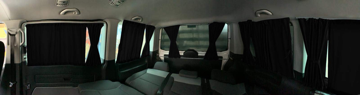BREMER SEAT COVERS Custom Curtains Sunshades compatible with VW T5 T6 T6.1 Transporter Caravelle Long Wheelbase with Rear Hatch in Black Camping Accessories Motorhome Accessories Camper Curtains 718