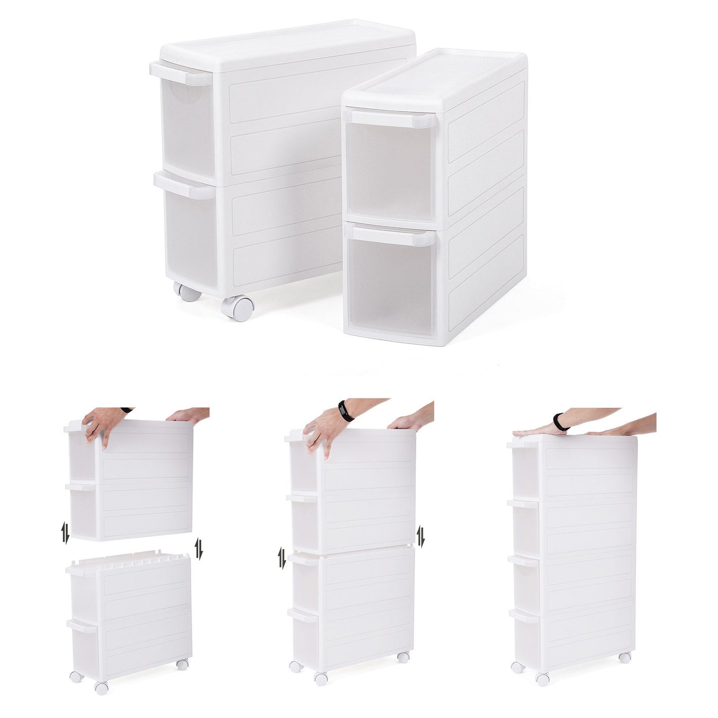 SONGMICS 4-Drawer Rolling Cart, Compact Shelf Unit, can be Used Separately as Kitchen, Bathroom, or Utility Cart. Standalone with Wheels, 84.5 cm High, White KFR05W
