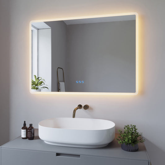 AQUABATOS 100x70 cm bathroom mirror with lighting LED wall mirror energy-saving. Dimmable touch switch + cool white 6400K + warm white 3000K + mirror defogger + IP44 + CE.