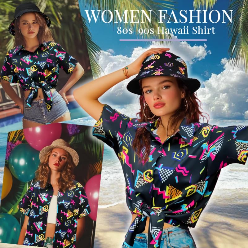 Hippie tops women Hawaii outfit blouse costume set Flower Power 80s shirt women 90s vintage shirt 70s clothing casual retro tops carnival costume (80s-Black, XL)