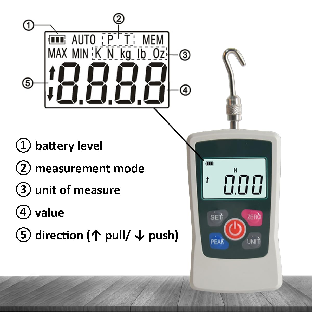 AMF 500N Digital Force Gauge, Portable Push-Pull Testing Device, Digital Force Meter with 3 modes and 4 pressure test units, readability 0.2 N.