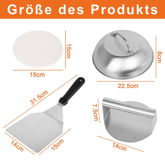 W&H's Stainless Steel Smash Burger Set includes a 4-piece set of burger smasher tools: burger press, grill spatula, burger dome, and 50 parchment papers. Ideal for making delicious homemade hamburgers both outdoor and indoor.