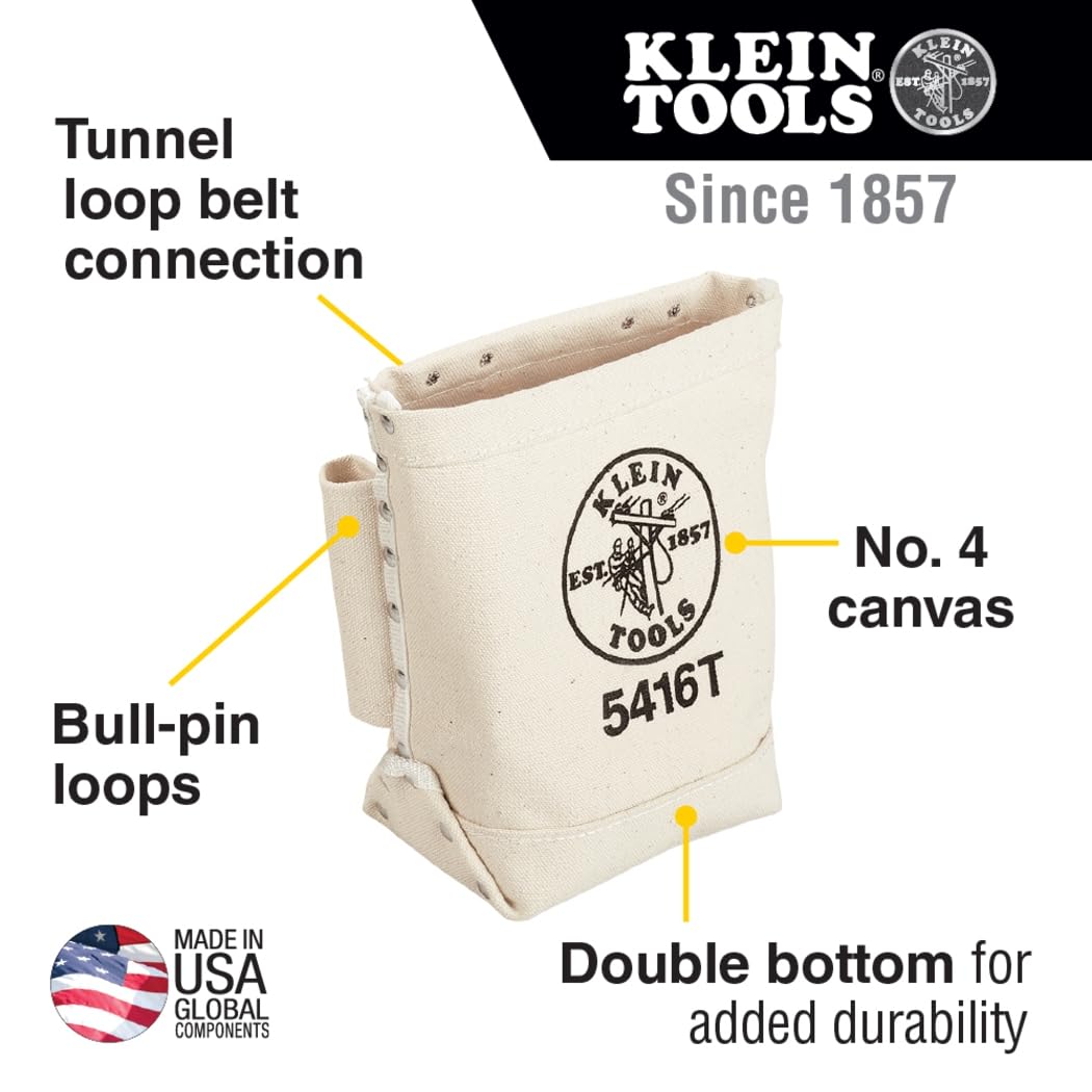 Canvas Bolt Bag, small bag for storing bolts with bull pin loops, belt tunnel loop connection. Klein Tools 5416T, cream, 25.40 cm.