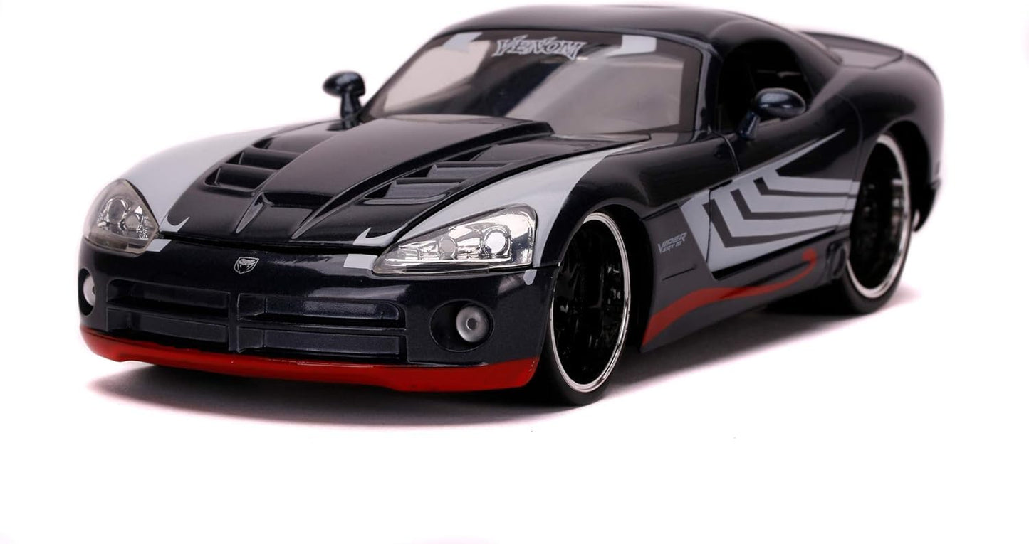 Jada Toys Marvel Venom, 2008 Dodge Viper, SRT10, die-cast toy car with opening doors, trunk, and hood, includes die-cast Venom figure, 1:24 scale, black