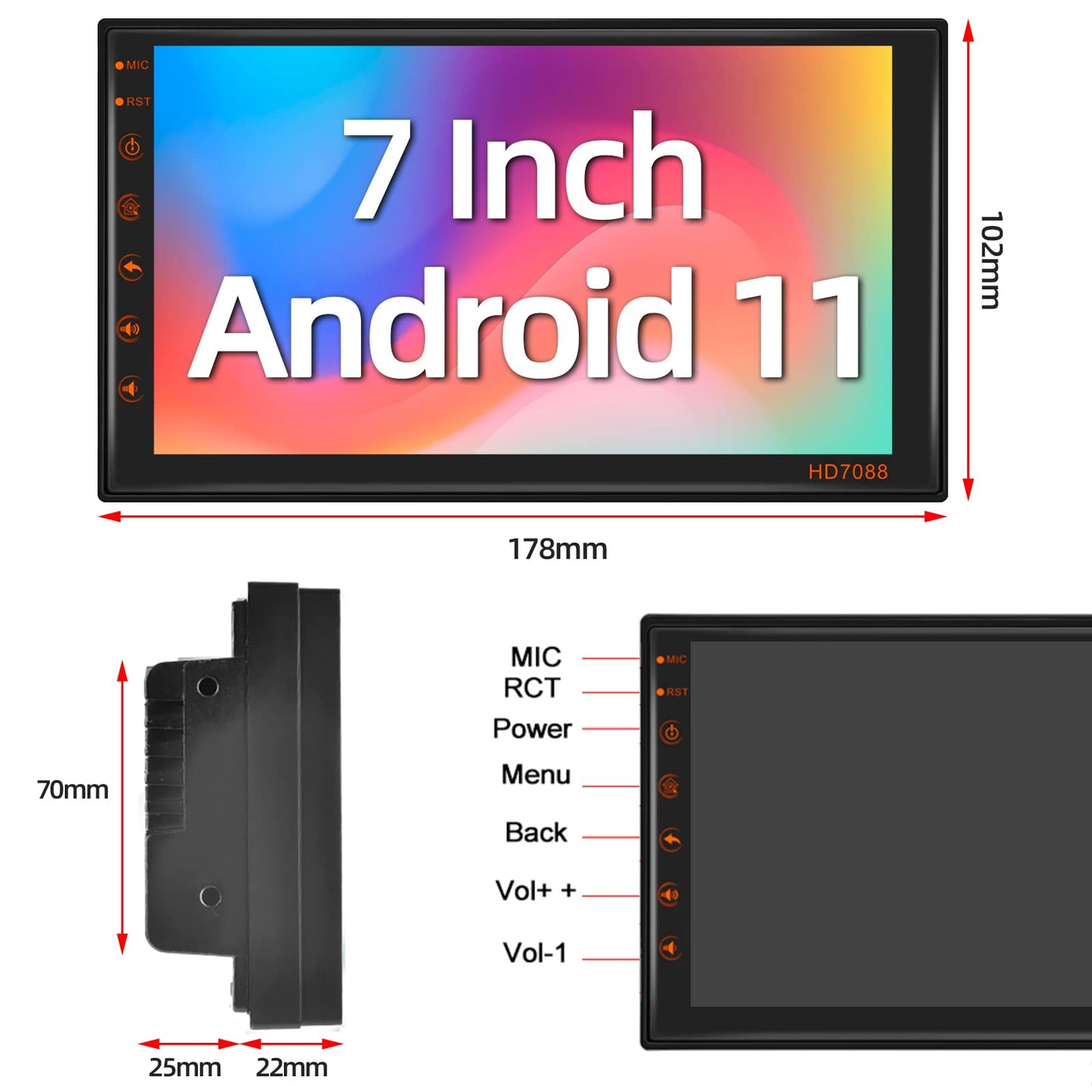 Podofo 2 Din car stereo with wireless Apple Carplay, Android Auto, Bluetooth. Android 13 Double Din car radio with 7-inch touchscreen display, WiFi, GPS, FM/RDS + rearview camera.