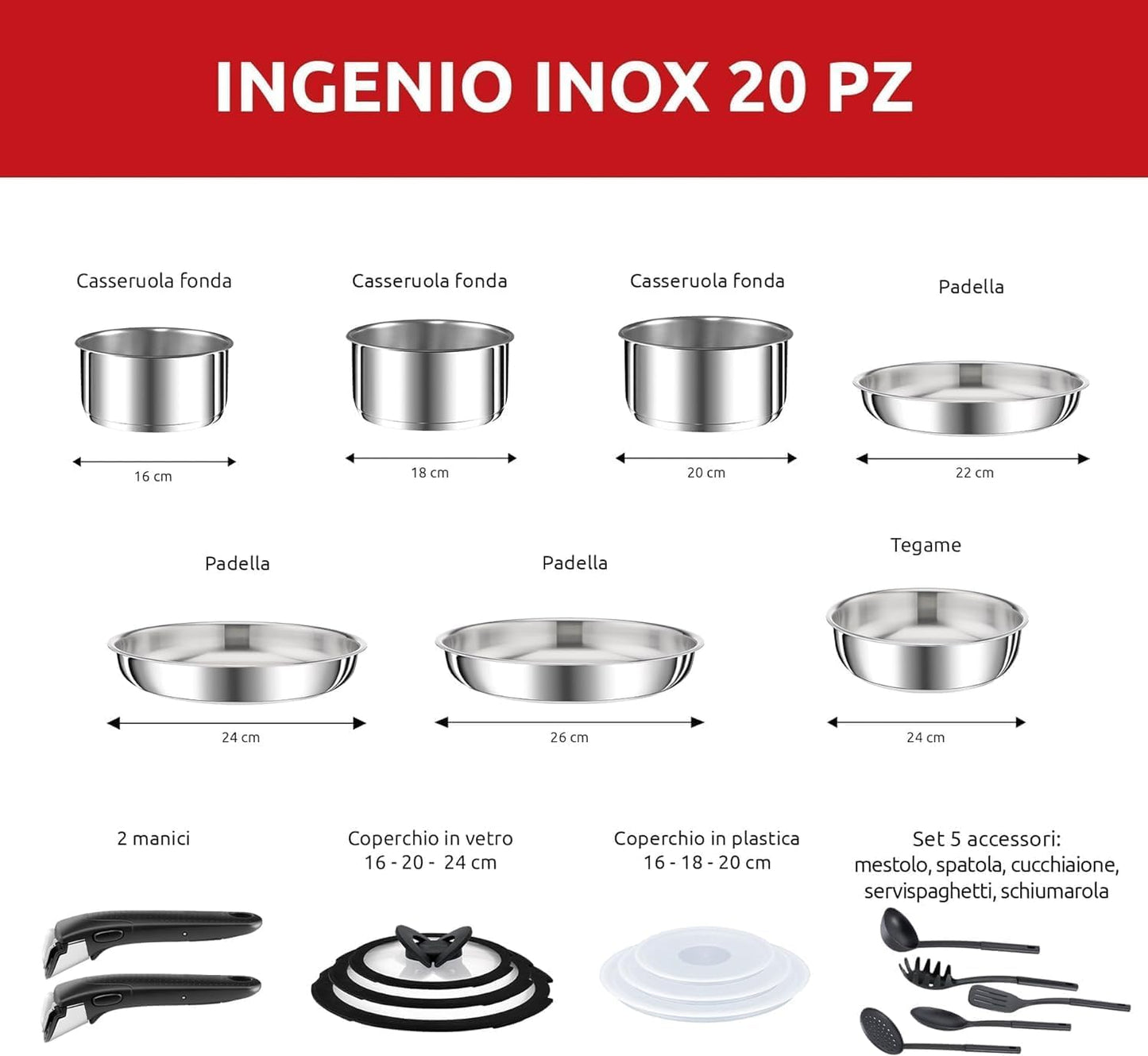 Lagostina Ingenio INOX pot and pan set for induction, stainless steel 18/10, gray, 20 pieces.