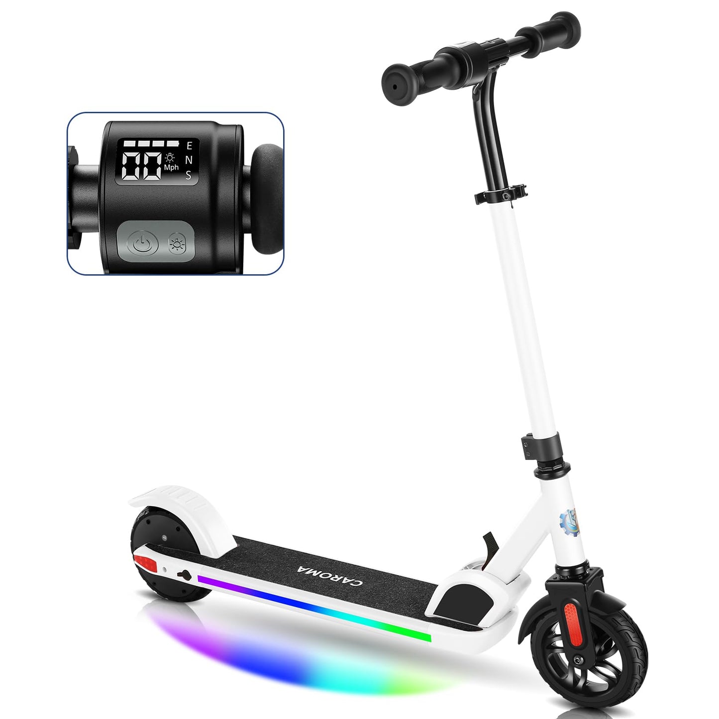 Caroma electric scooter for kids aged 8-12, 150W motor, 16 km/h, 60 min ride time, Adjustable speed & height, Colorful lights, LED display, Foldable kids electric scooter.