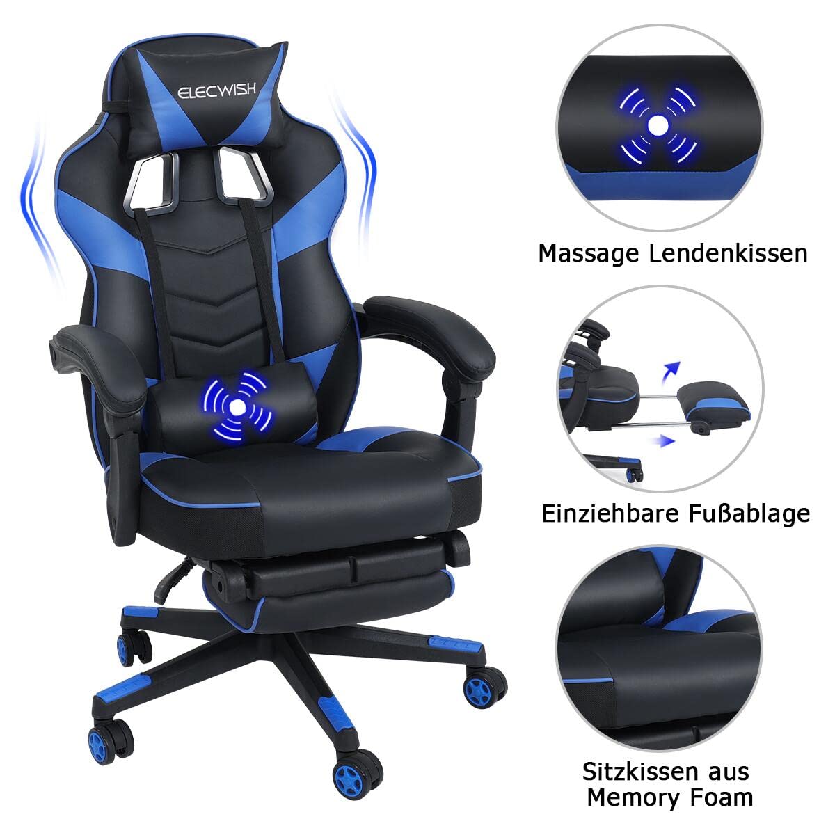 Puluomis Gaming Chair with Footrest, Racing Style, PC Chair, Swivel High-Back, Adjustable 90-150° Recline, Detachable Headrest, Lumbar Pillow, Ergonomic Design, Blue.