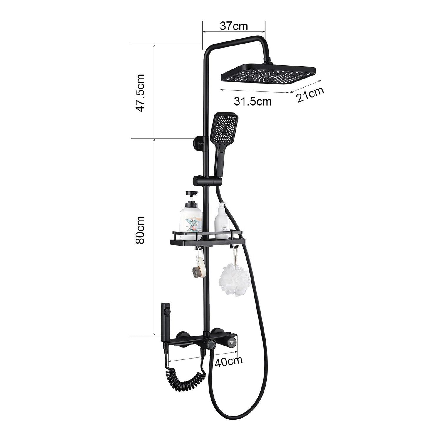 Black shower set with rain shower and hand shower, adjustable shower bar, shower set without thermostat (LED display)
