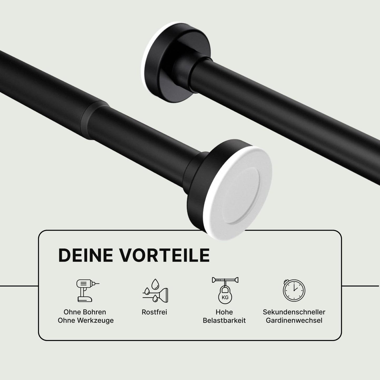 MEISENBERG Tension Rod - Black, ร 25 mm, 1 Piece - Telescopic Rod for Clamping on Windows, Showers, Patios, and Partitions (50-80cm)
