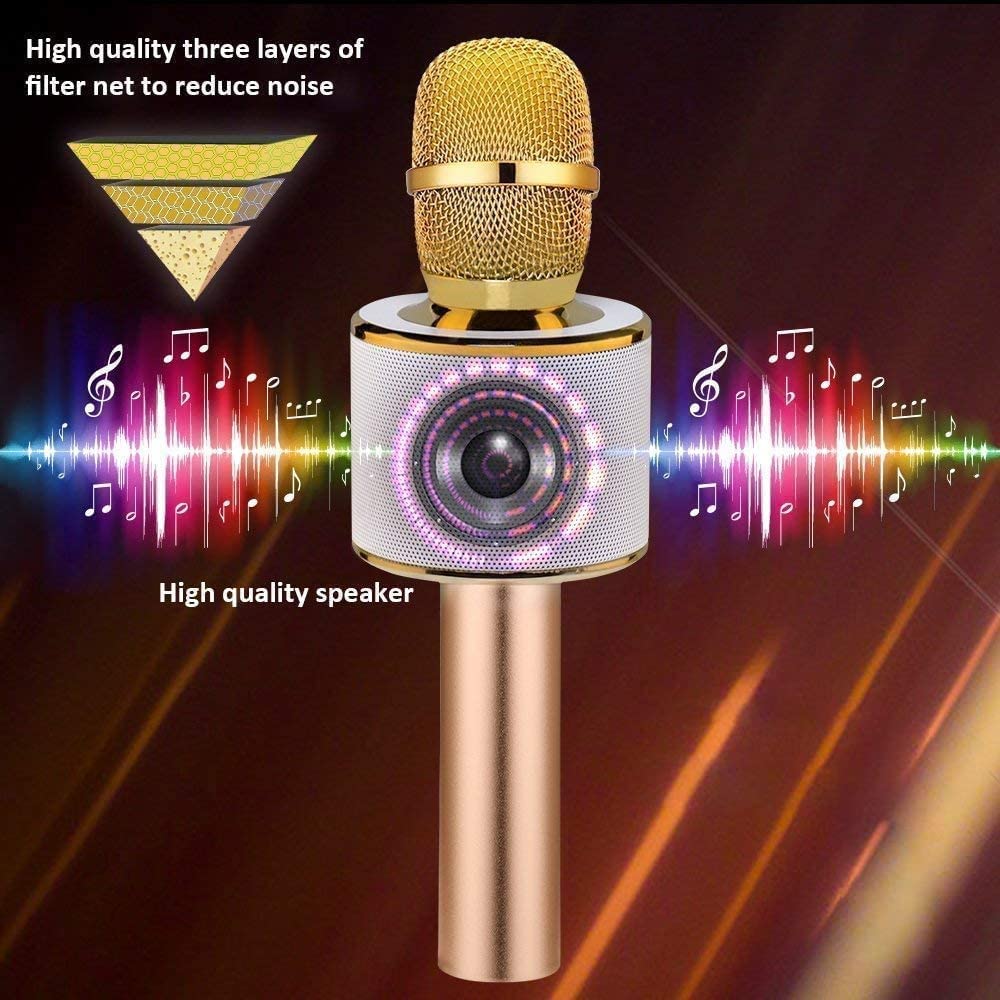 BONAOK Wireless Bluetooth Karaoke Microphone, Portable 3 in 1 Karaoke Handheld Mic Birthday Gift Home Party Auto Karaoke Mic for iPhone/Android/iPad/PC/Smartphone (Light Gold)