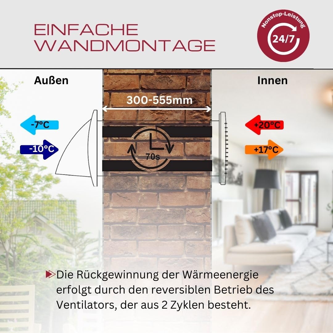 LIRAST 125mm Decentralized Ventilation System with Heat Recovery - Wall Fan with Switch - Ventilation with Heat Recovery - Recuperator with Ceramic Heat Exchanger - Air Exchanger Residential Ventilation