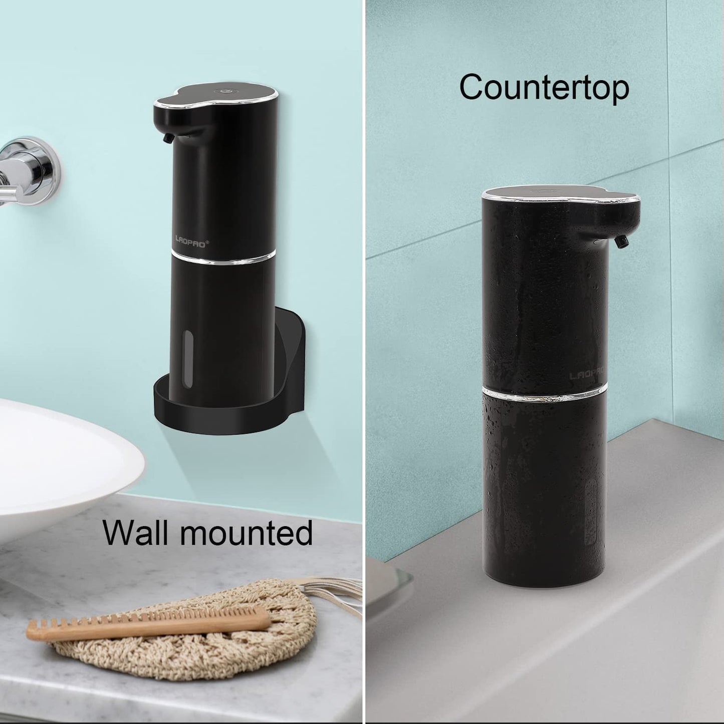 Automatic foam wall-mounted soap dispenser with sensor - LAOPAO Electric soap dispenser with induction infrared set and USB charging IPX5 waterproof, motion sensor for kitchen & bathroom (Black)
