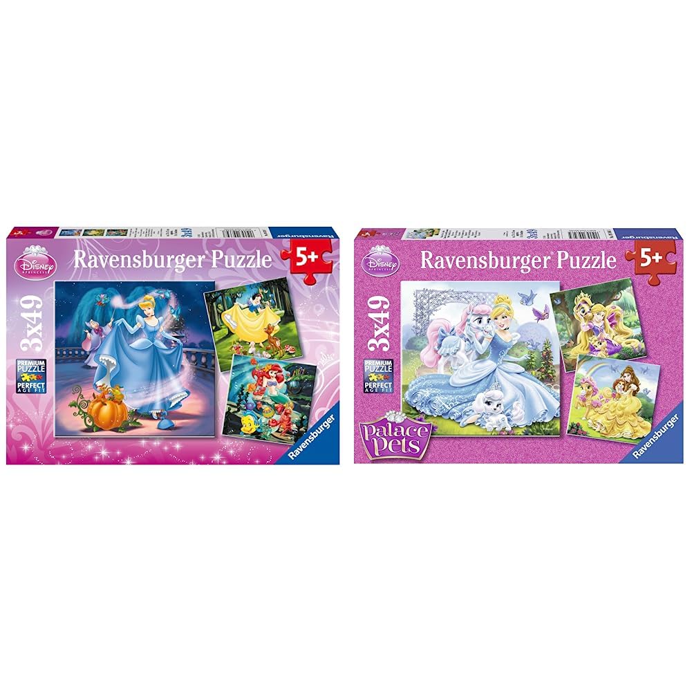 Ravensburger children's puzzles - 09339 Snow White, Cinderella & children's puzzle - 09346 Palace Pets - Belle, Cinderella and Rapunzel - Puzzle for children ages 5 and up, Disney puzzle with 3x49 pieces.