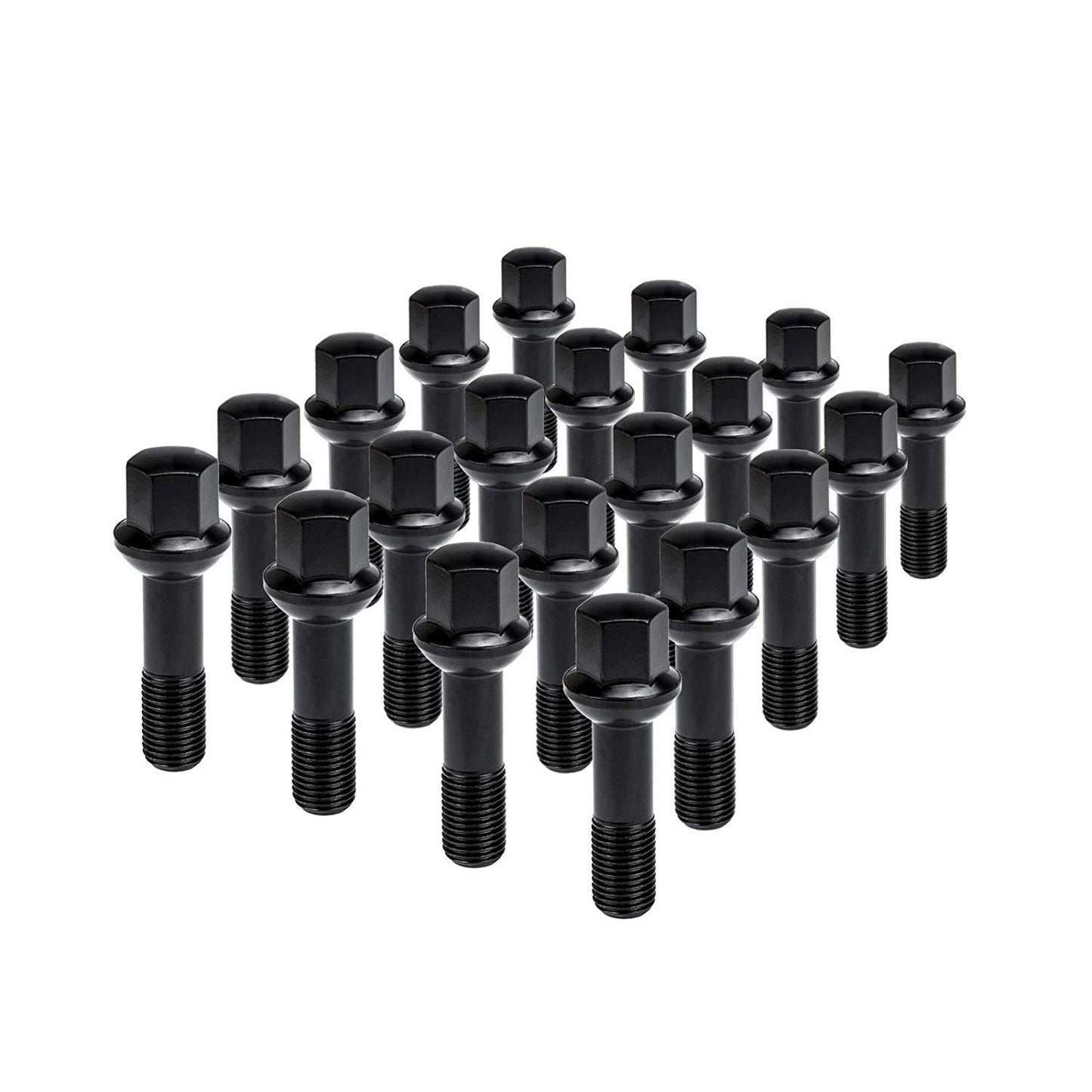 20 wheel bolts M14x1.5x45mm BLACK ball seat for R14 alloy wheels.