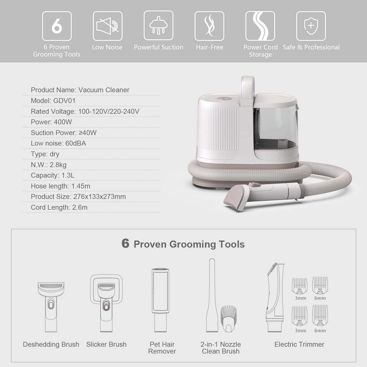 ANOSOSPECIAL Professional Pet Grooming and Vacuum Set - 3 modes cat hair remover, low noise, durable dog trimmer