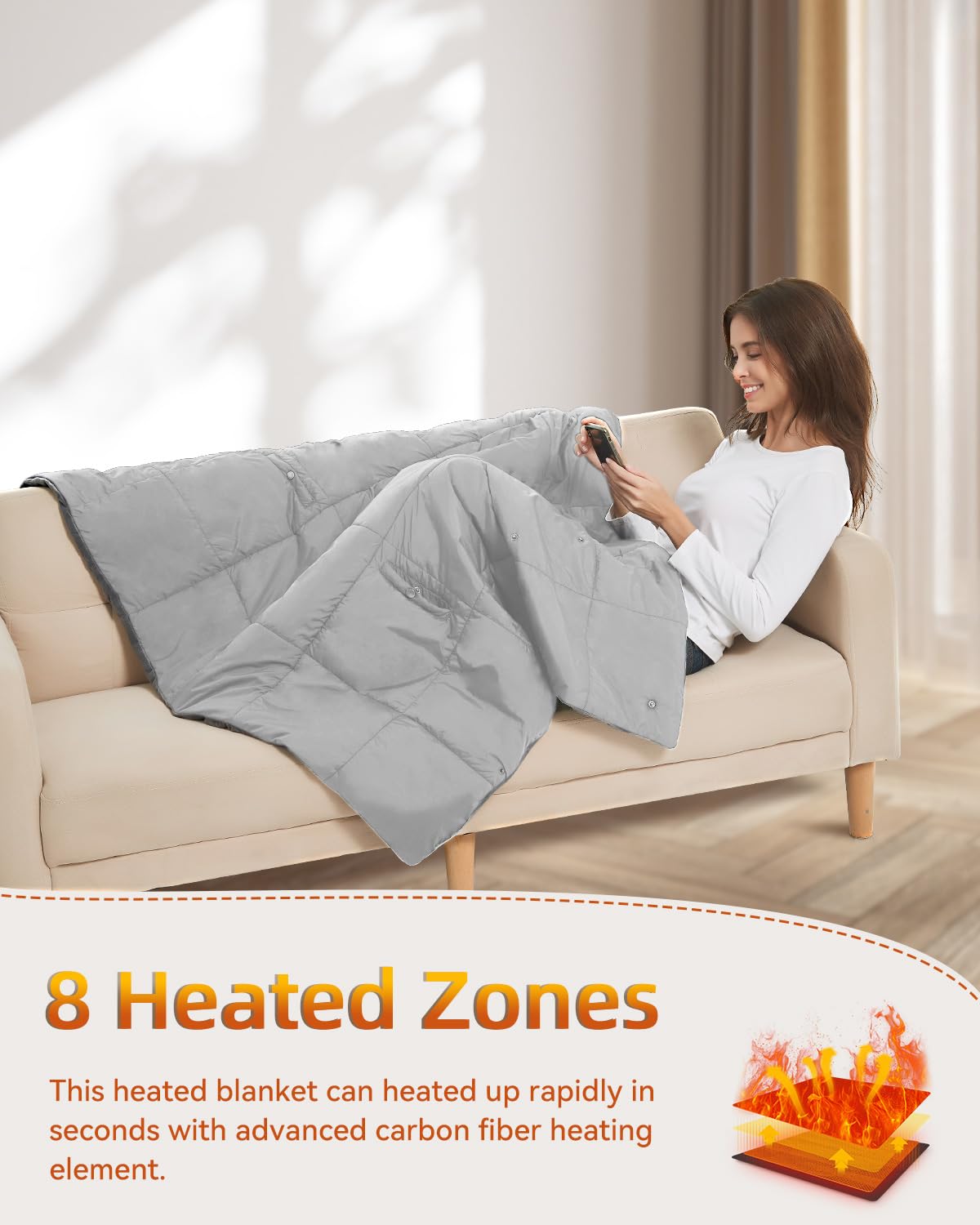 Wireless heated blanket with 7.4V battery for men and women, FERNIDA electric heating pad portable heated scarf for home, office, travel, hiking, Gray