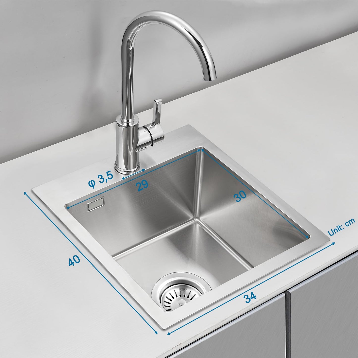 ROVOGO 304 Stainless Steel Small Kitchen Sink 40 x 34 cm, Undermount Sink with Drain Kit including Strainer and Drain Basket, Kitchen Sink with Faucet Hole, Brushed Rectangular Kitchen Sink