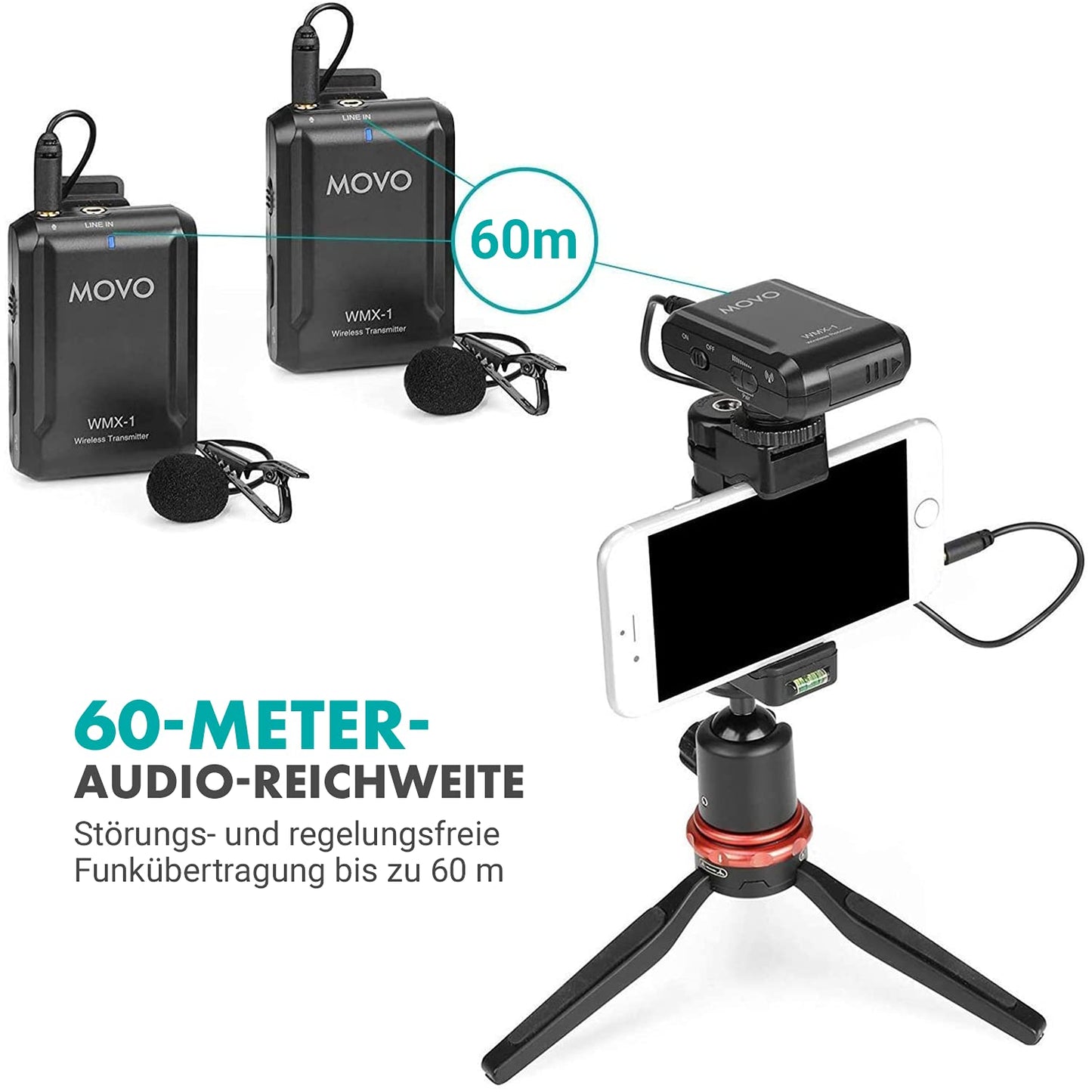 Movo WMX-1-DUO 2.4GHz Wireless Lavalier Microphone System, compatible with DSLR cameras, camcorders, iPhone, Android smartphones, and tablets (60m audio range)