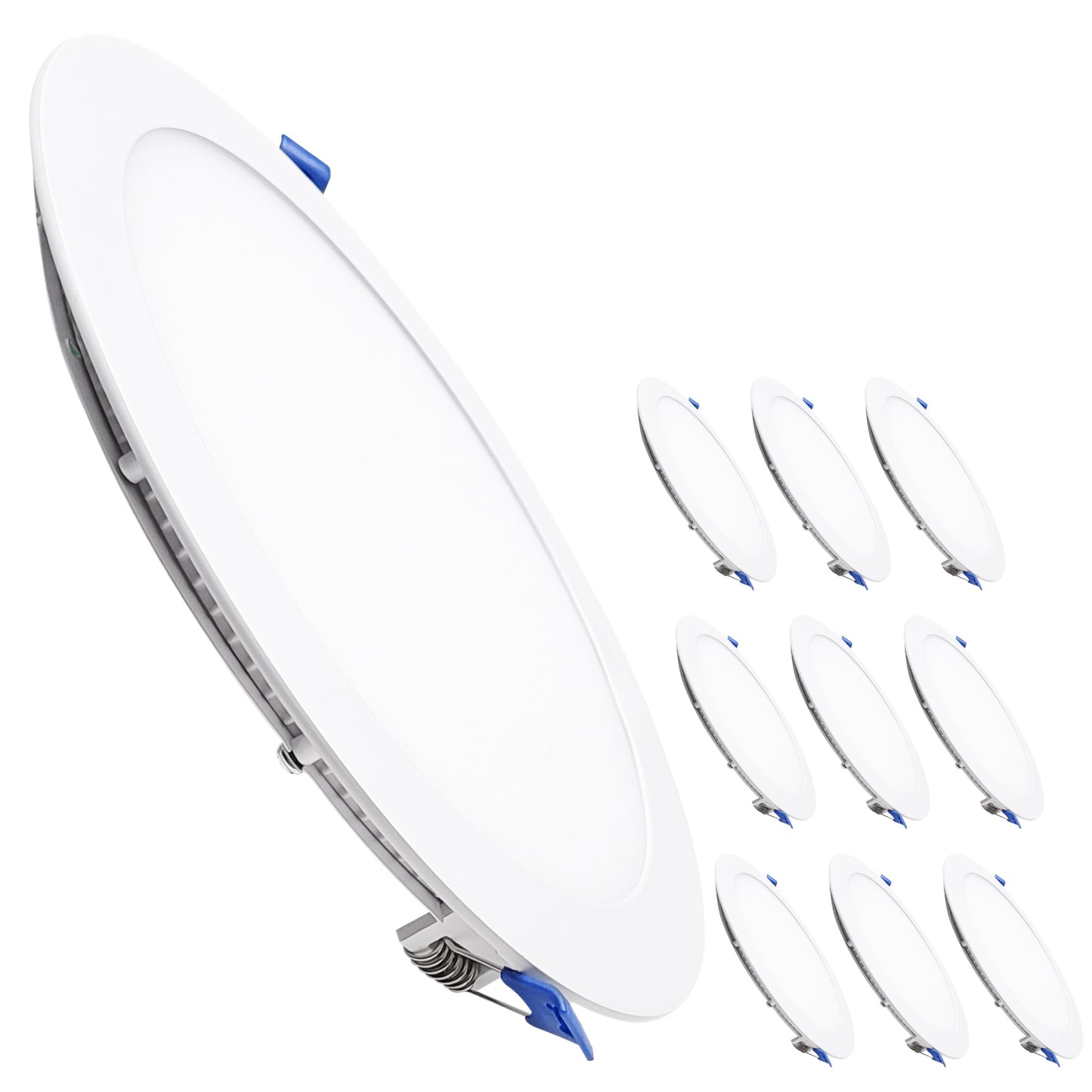 LED ATOMANT Pack of 10 LED Recessed Downlights Round Flat 220mm 20W, CCT (color temperature switch warm white, neutral white, or cool white), Diameter 200mm, 1800 lumens, Includes driver.