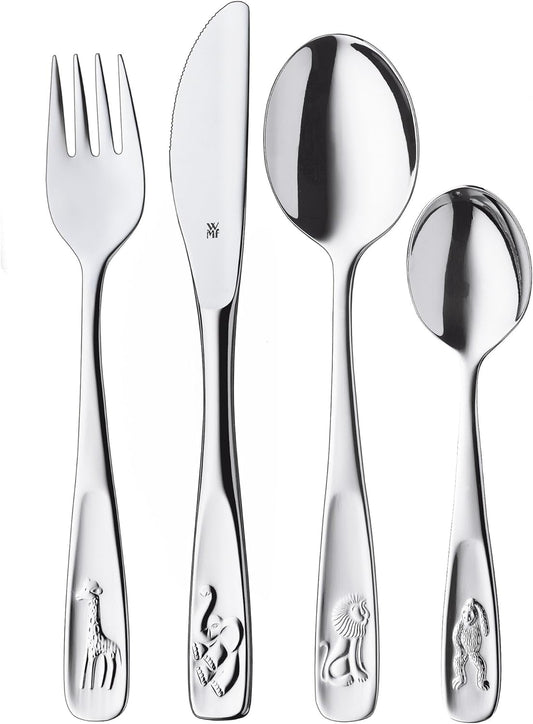 WMF Animal Kids' Cutlery Set 4-piece & Sloth Kids' Cutlery Set 4-piece, kids' cutlery stainless steel, suitable for children age 3 and up, polished Cromargan, dishwasher safe