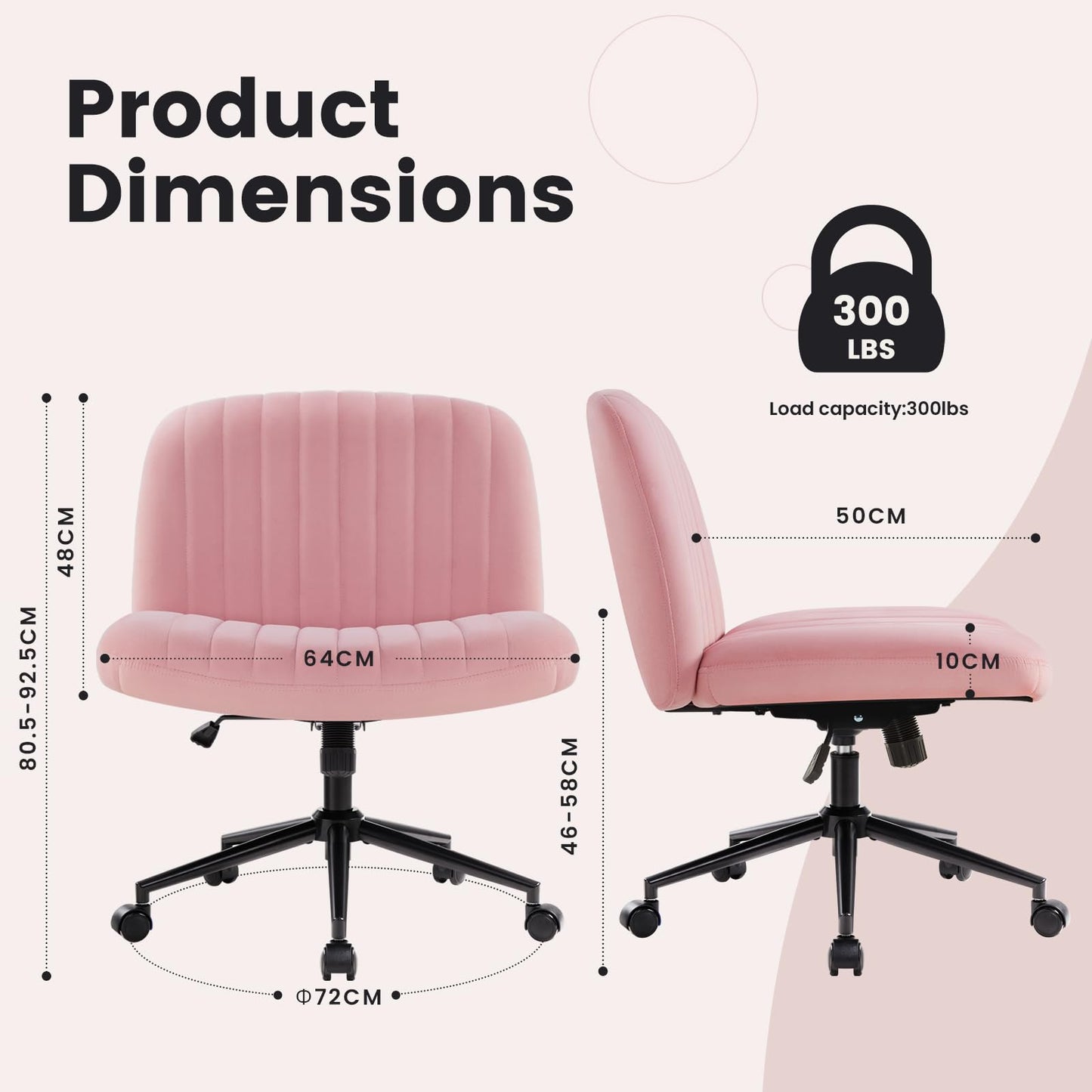 IWMH office chair without armrests, height adjustable swivel chair with wheels, desk chair with fabric upholstery, reading chair with wider cushion for sitting cross-legged (Pink with wheels).