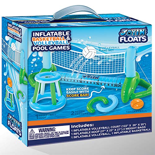 JOYIN Inflatable Pool Volleyball Set, Volleyball Basketball Hoops Pool Float Set, Floating Summer Floaties, Volleyball Pool Party Lounge Raft, Inflatable Party Swimming Game Toy.