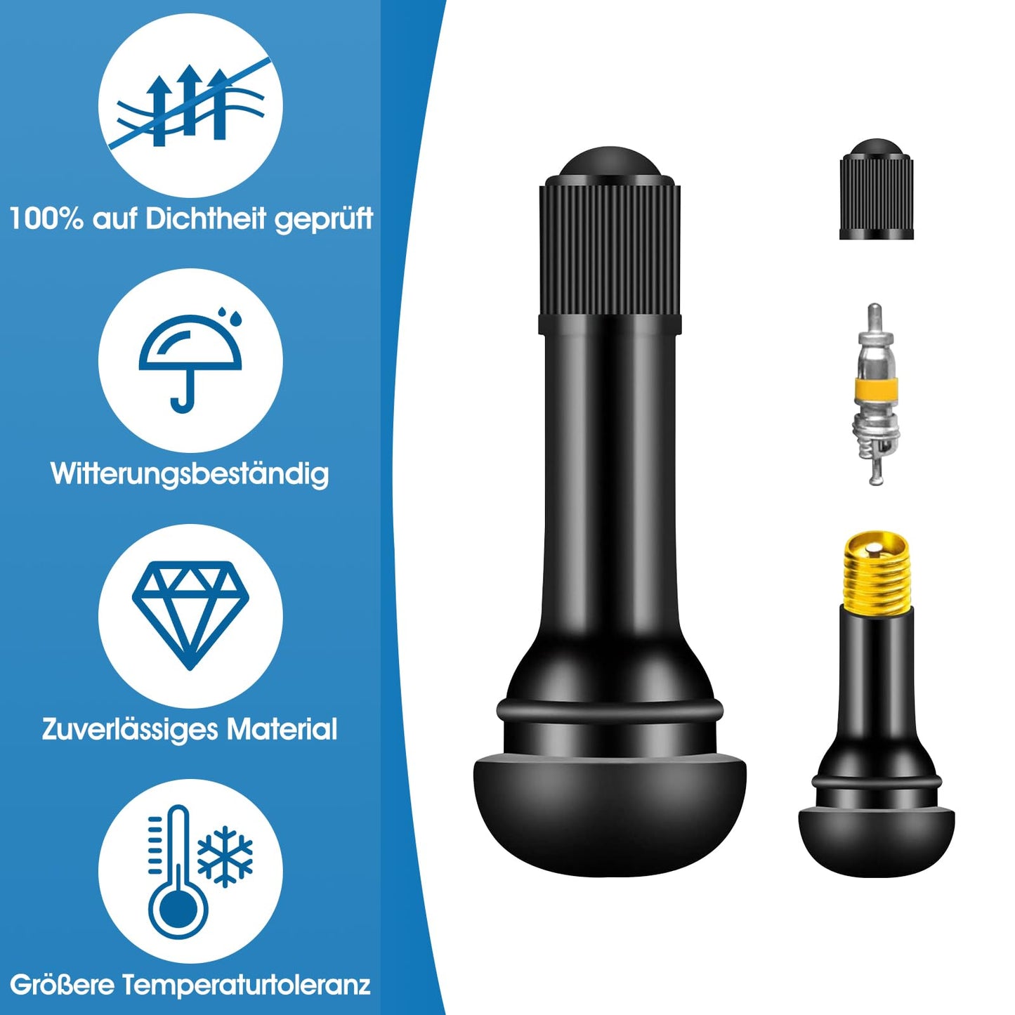 100 pieces of TR414 rubber valves, universal rubber valves 11.3mm valve hole, snap-in rubber valves for cars up to 4.5 bar, rubber tire valves for most cars, motorcycles.