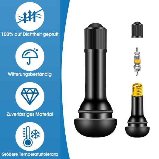 100 pieces of TR414 rubber valves, universal rubber valves 11.3mm valve hole, snap-in rubber valves for cars up to 4.5 bar, rubber tire valves for most cars, motorcycles.