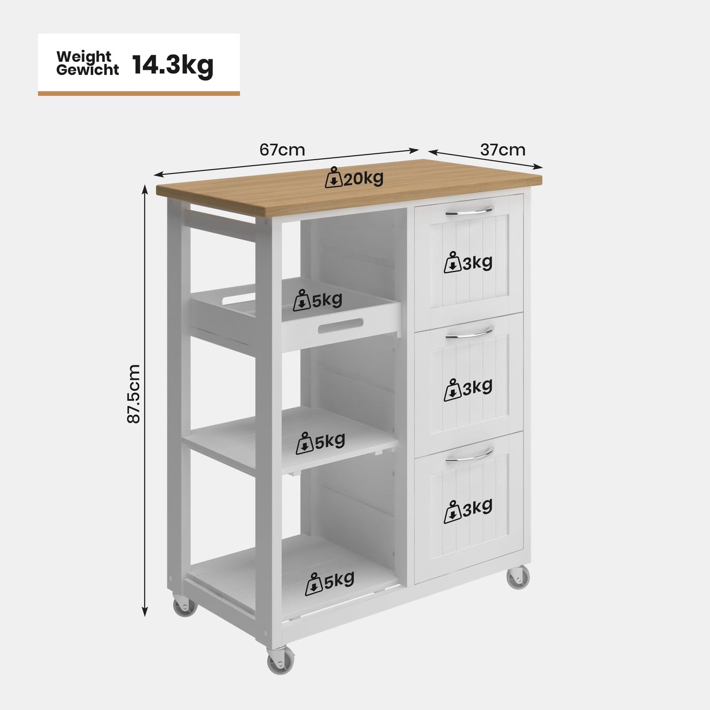 MIADOMODO® Kitchen Trolley on Wheels - 3 Drawers, 3 Levels, Worktop, Wood/MDF, 67x37x87cm, White - Serving Cart, Rolling Cart, Kitchen Trolley, Country Style Kitchen Cabinet, Side Cart, Kitchen Shelf
