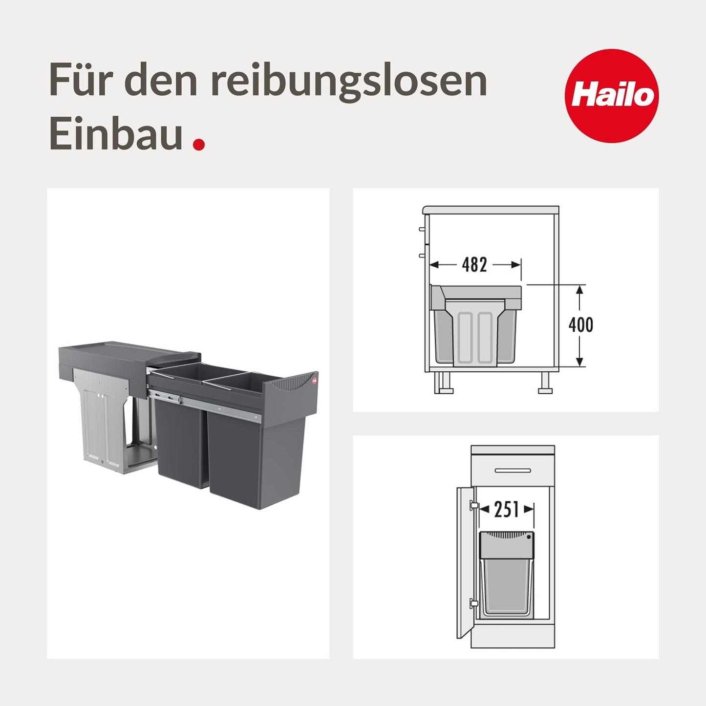 Hailo Tandem 3666101 waste collector | Trash bin for cabinets from 300 mm width with hinged door | Built-in bin with 2x 15L compartments | Full-extension waste separation with telescopic rails | Dark grey