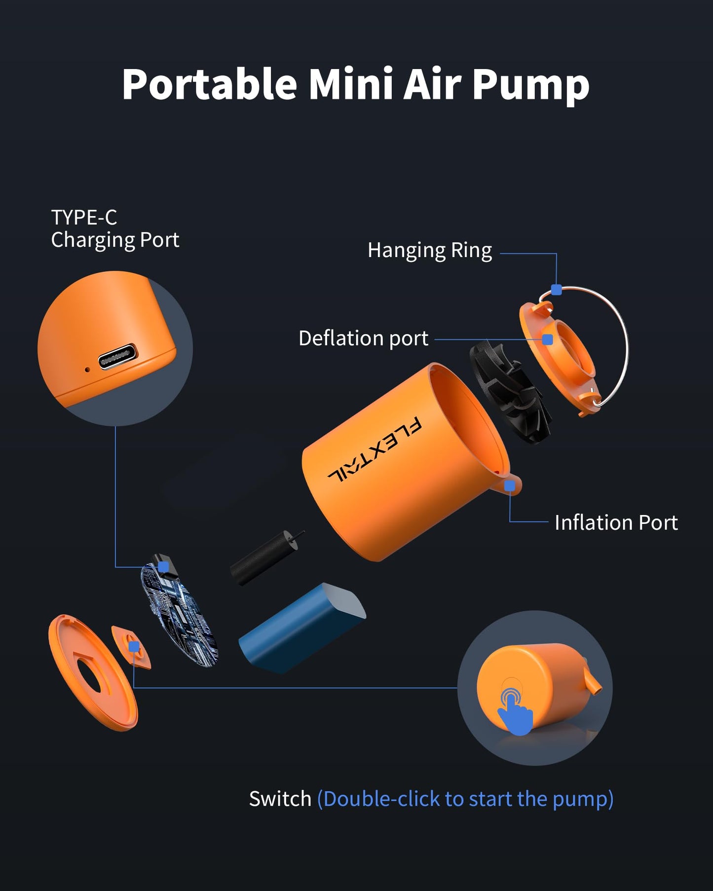 FLEXTAILGEAR Mini Pump, 4 kPa electric air pump for inflating/deflating air mattresses, rechargeable camping pump for air mattresses, swim rings, vacuum bags (Orange)