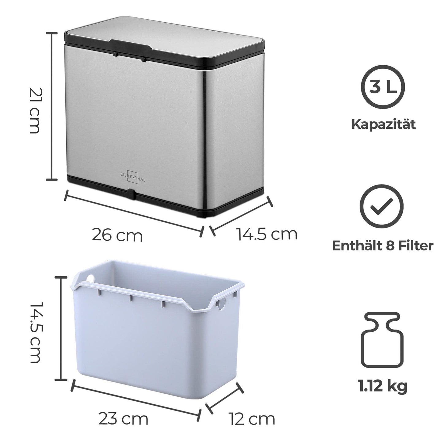 SILBERTHAL 3L stainless steel kitchen compost bin with lid and activated carbon filter. Dishwasher-safe inner container for odor-free composting in the kitchen.