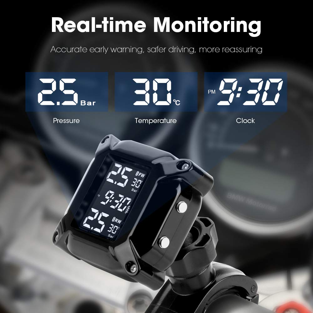 Jansite Motorcycle TPMS Wireless Tire Pressure Monitoring System with 2 external sensors LCD display Car Alarm System Anti-Off & Waterproof Waterproof