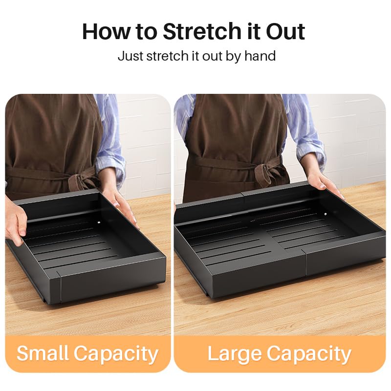 SAYZH Telescopic Drawer, Pull-Out Drawer Kitchen, Kitchen Cabinet Organizer for Kitchen Cabinets, Drawer Organizer, No Tools Required (Black, 30-50 cm W x 53 cm D x 5.8 cm H)