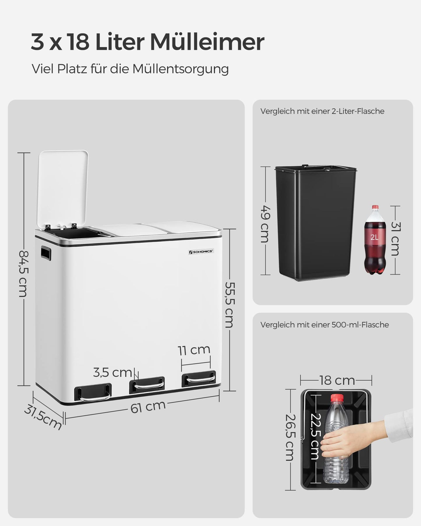 SONGMICS Kitchen Trash Can, 3 x 18 L, Waste Separation System with 3 Compartments, includes 15 trash bags, Trash Bin, Step Bin, for recyclable waste, organic waste, with lid, cloud white LTB54WT