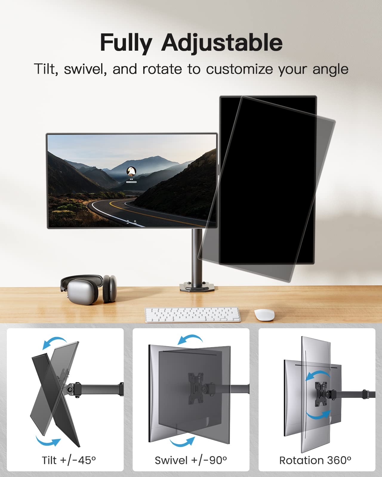 HUANUO dual monitor stand for 13-30 inch screens. Adjustable monitor stand for two monitors with tilt and swivel function. Holds up to 10 kg per arm. VESA 75/100 compatible.
