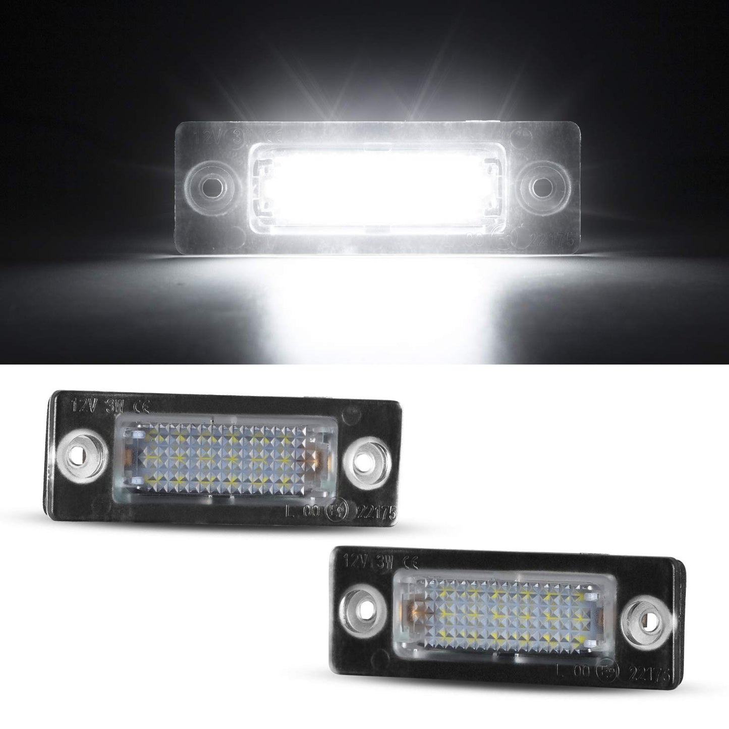 LED license plate lamp for VW Caddy 2K Golf Plus 5M1 Jetta 1K2 Passat Sedan 3bg Passat Variant 3C B6 T5 7H 7J Touran 1T1 1T2 1T3, CANBus license plate lighting, 2 pieces.