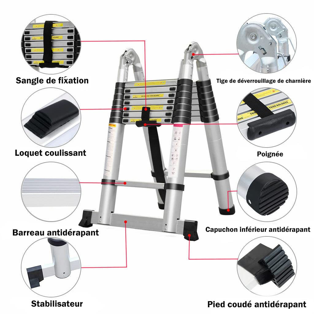 5m multi-purpose ladder, telescopic ladder, foldable aluminum ladder, extendable, maximum load capacity 150 kg (2.5m + 2.5m)