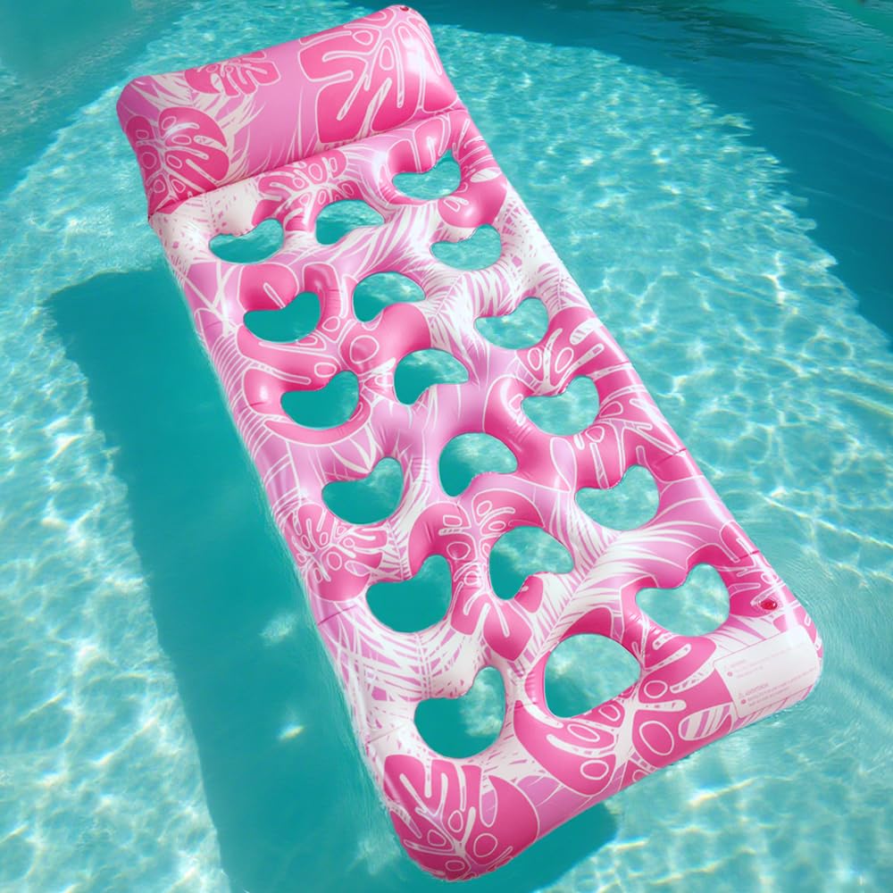 LUSTERMOON Inflatable large pool float for adults, pool chair float and lounger with cup holders for summer, pool, lake, beach, 2 pieces (blue + pink)