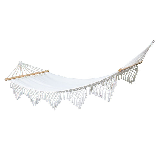 SVITA luxury hammock with decorative boho trim, wooden frame, macramé, and beige cotton.