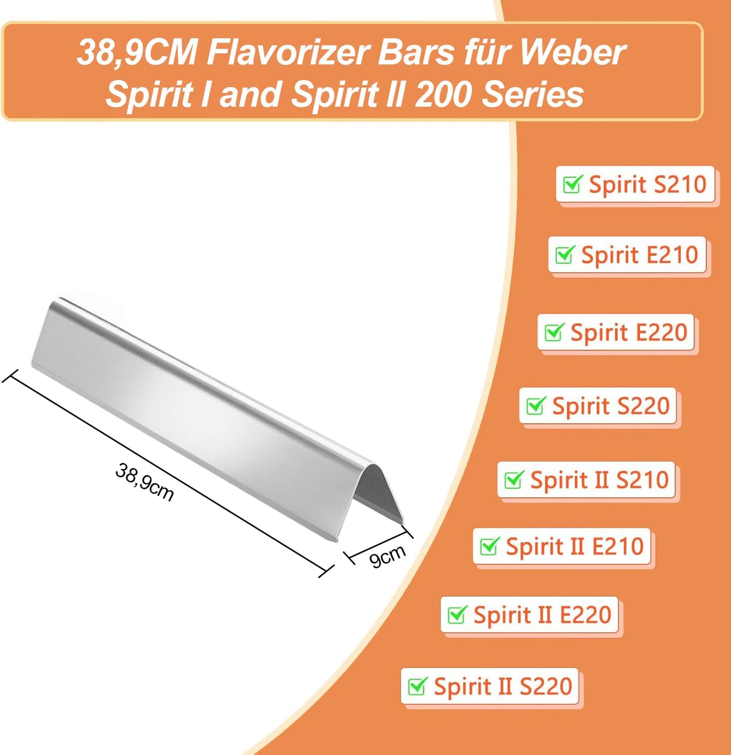 7635 stainless steel flavorizer bars for Weber Spirit I & II 200 Series, Spirit I E210/220 & II E210/S210 (with front burner knobs), 38.9CM heat plate, grill replacement flavorizer bars for Weber Spirit