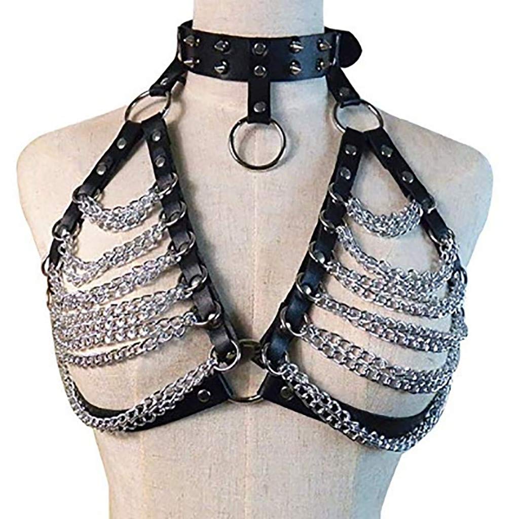 Punk Women's Harness Bra Sleeveless Gothic Steampunk Adjustable Leather Top Chest Belt Collar Chains Straps Harness Vintage Rock Chest Chain Body Jewelry For Party Dancing