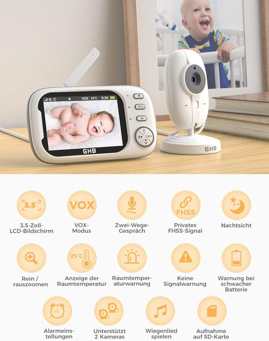 GHB Baby Monitor with Camera 3.5 Inch Video Baby Monitor with VOX Mode Night Vision Two-Way Talk Lullabies.