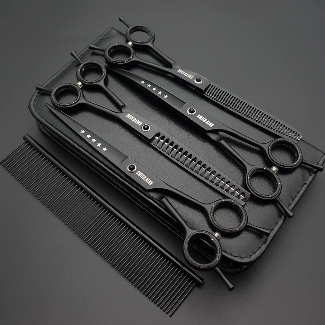 7.0 inch Professional Dog Grooming Scissors Set Straight & Thinning & Curved & Chunker & Comb 5 pieces in 1 set for left-handed & right-handed black
