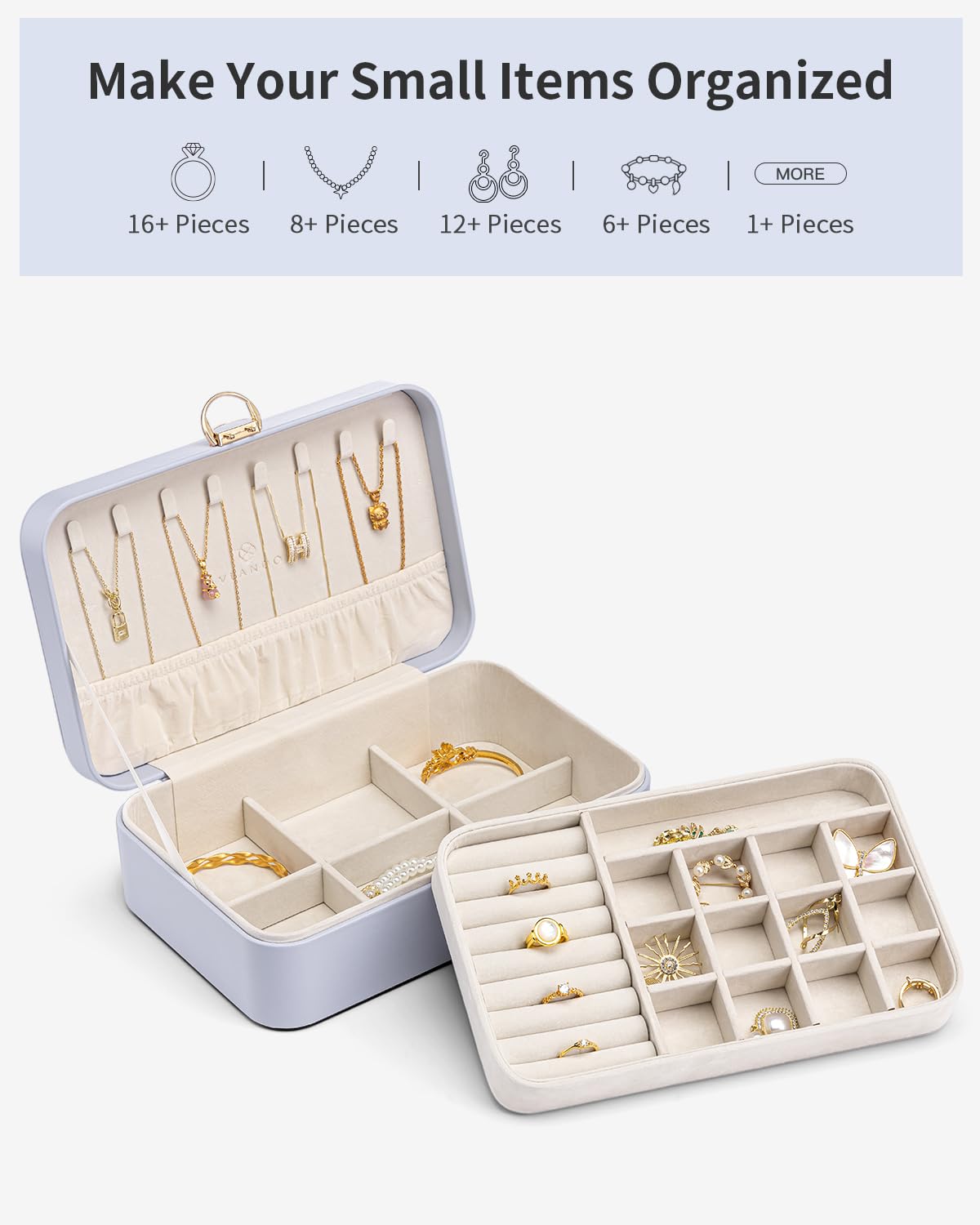 Vlando Jewelry Box for Girls Women, Double-layer Jewelry Case, Lockable Jewelry Box, Jewelry Storage Box for Rings Earrings Bracelets, Jewelry Organizer