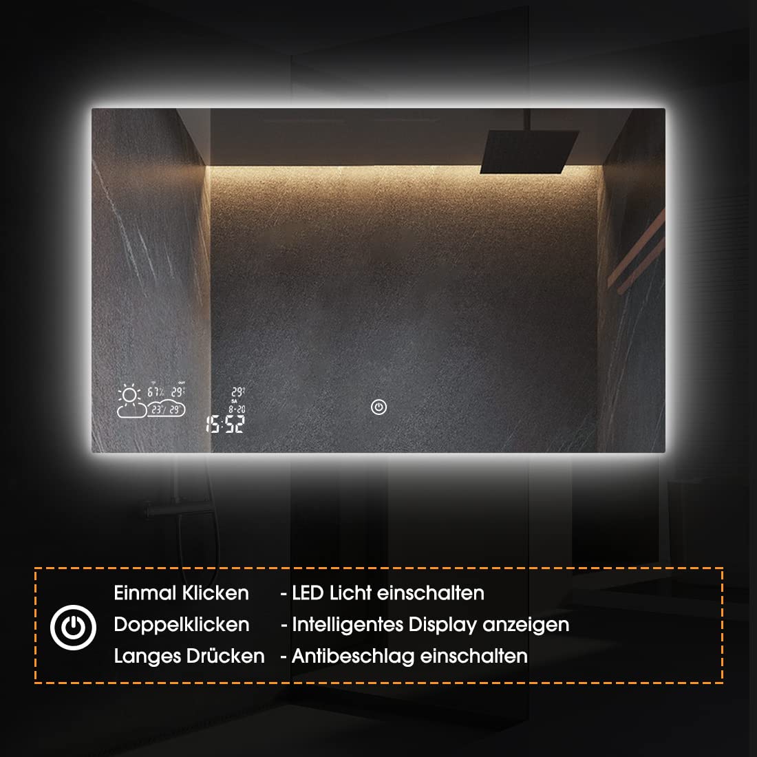 Goodbye cold LED bathroom mirror anti-fog 100x60CM, fog-free bathroom mirror with touch switch, wall mirror light mirror with date, smart mirror & integrated weather station, horizontal.