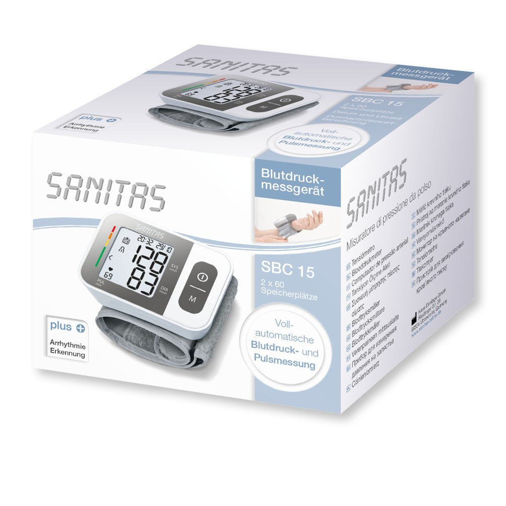Sanitas SBC 15 wrist blood pressure monitor, fully automatic blood pressure and pulse measurement, warning function for possible heart rhythm disorders.