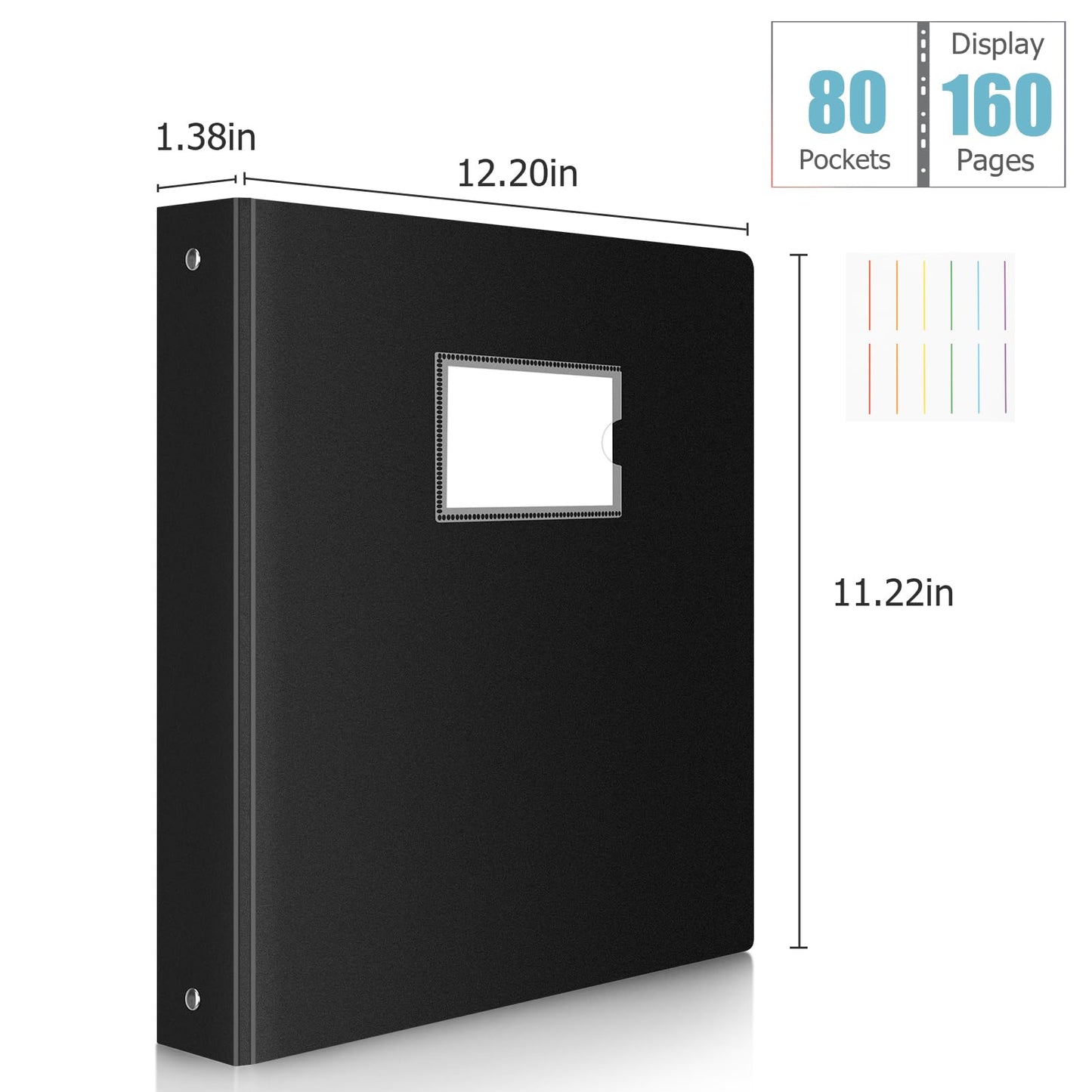 Uquelic presentation book, ring binder with 80 clear pockets A4 crystal clear (50 microns) and 6 macaron-colored PP dividers, folder organizer for documents, certificates, portfolio, black